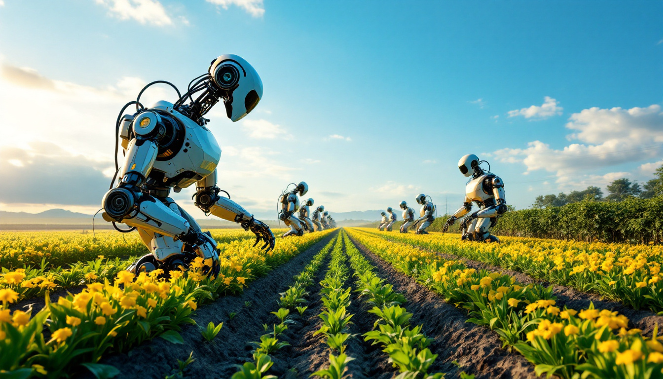 A photograph of a modern farm landscape featuring a variety of industrial robots in action