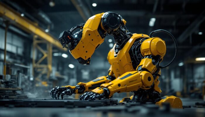 A photograph of a boston dynamics robot in action within an industrial setting