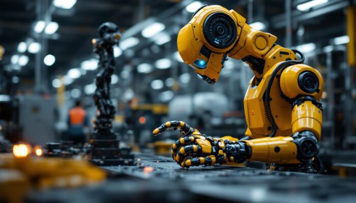 A photograph of a modern industrial robot in action within a manufacturing environment