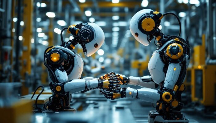 A photograph of a modern industrial robot in action on a factory floor