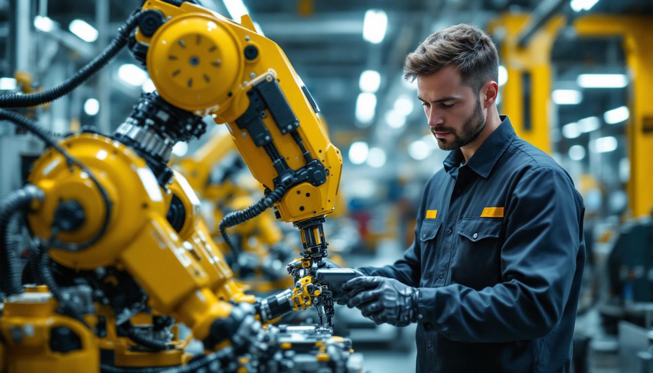 A photograph of a skilled technician working on an industrial robot in a modern manufacturing facility