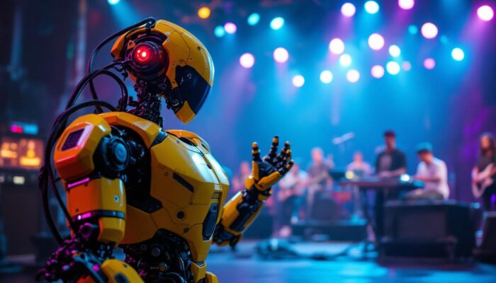 A photograph of a dynamic industrial robot in action within a vibrant music video production set