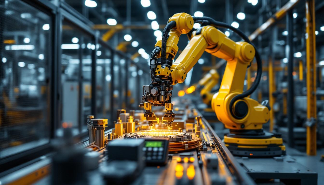 A photograph of a bustling industrial environment featuring a modern robotic arm in action