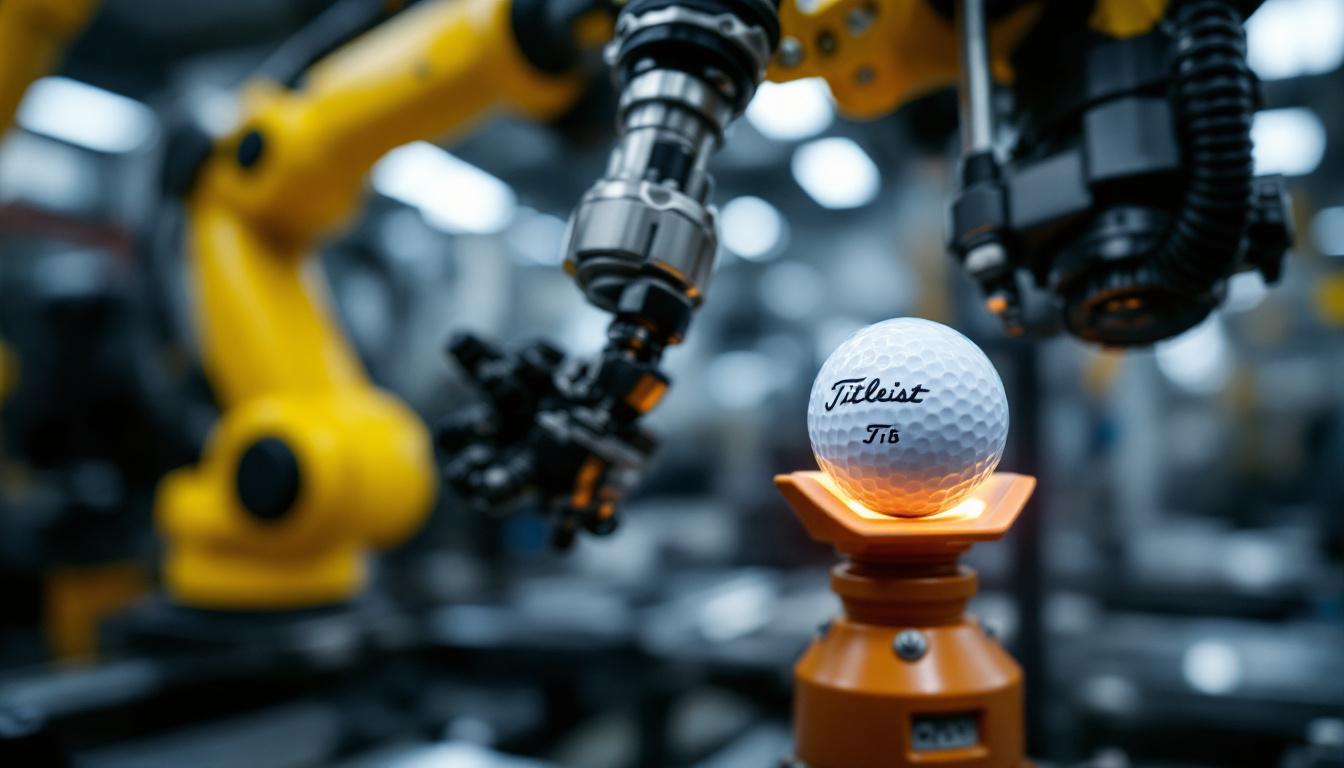 A photograph of a titleist golf ball sleeve prominently displayed alongside a robotic arm in an industrial setting