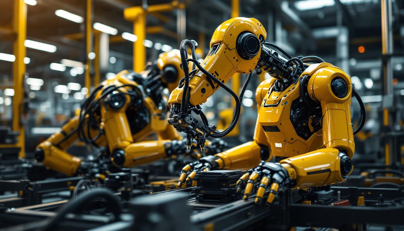 A photograph of a sleek industrial robot in action on a factory floor