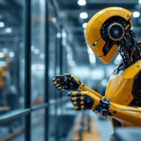 A photograph of a sleek industrial robot in action