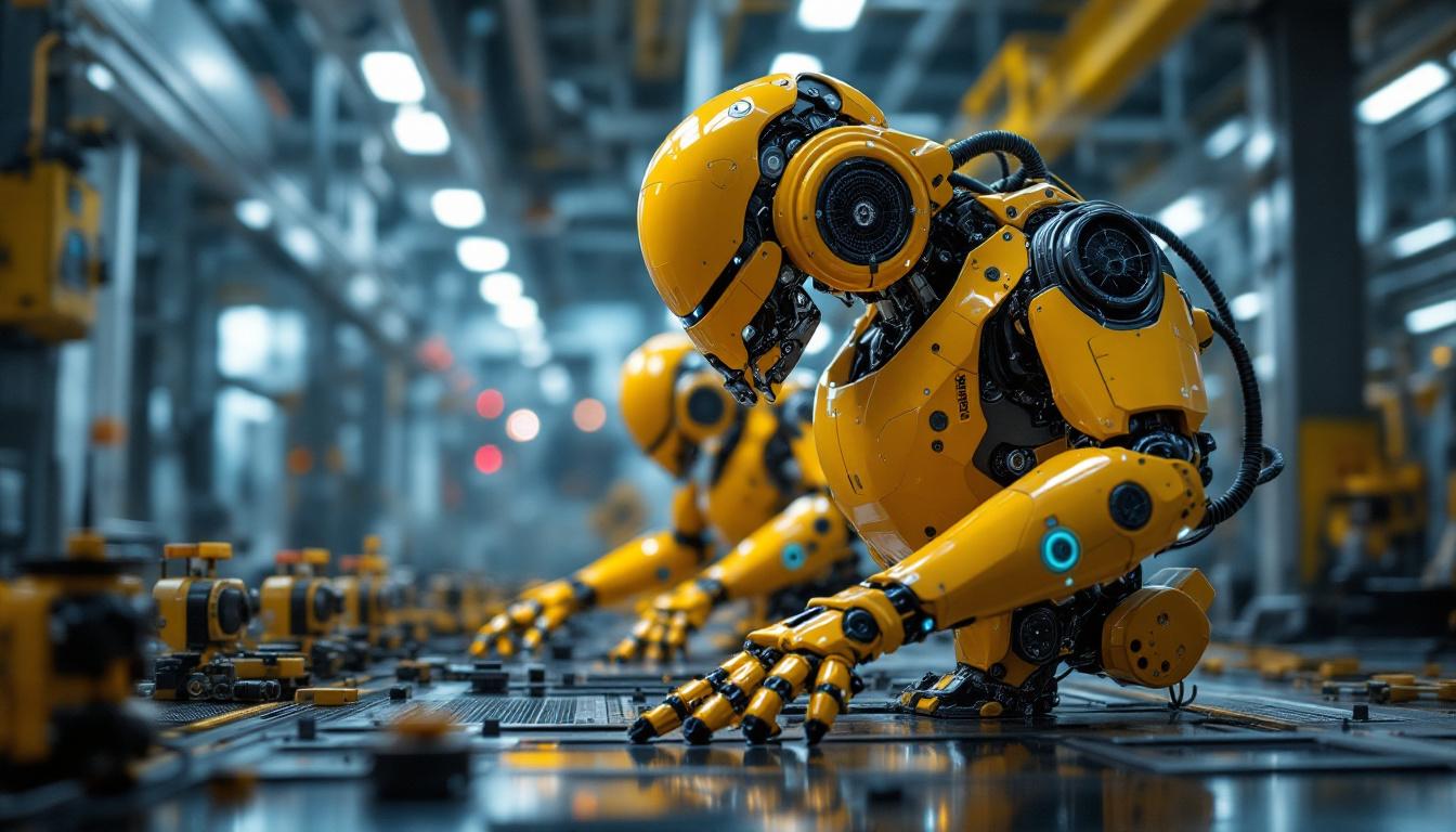 A photograph of a futuristic industrial setting featuring advanced robotic machinery in action