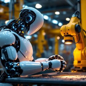 A photograph of a sleek industrial robot in action within a manufacturing environment