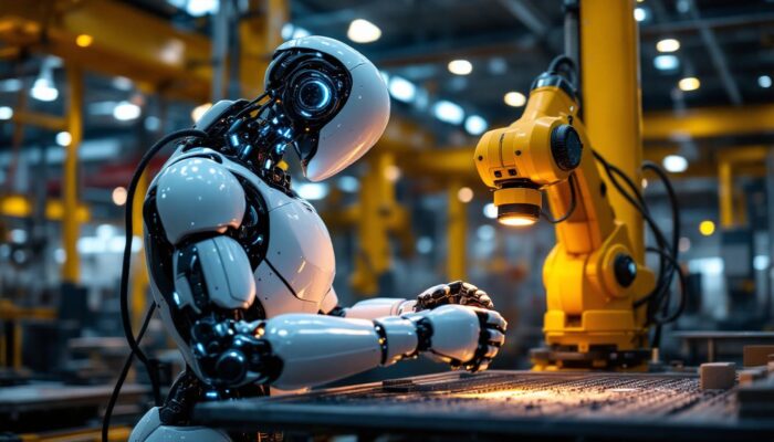 A photograph of a sleek industrial robot in action within a manufacturing environment
