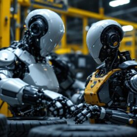 A photograph of a sleek industrial robot in action within a michelin factory setting