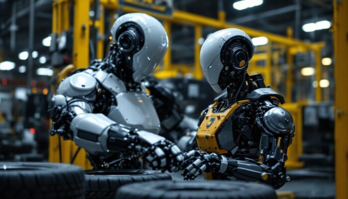 A photograph of a sleek industrial robot in action within a michelin factory setting