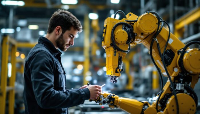 A photograph of a skilled robotics intern working alongside an industrial robot in a modern manufacturing environment
