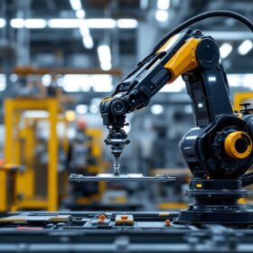 A photograph of a sleek industrial robotic arm in action