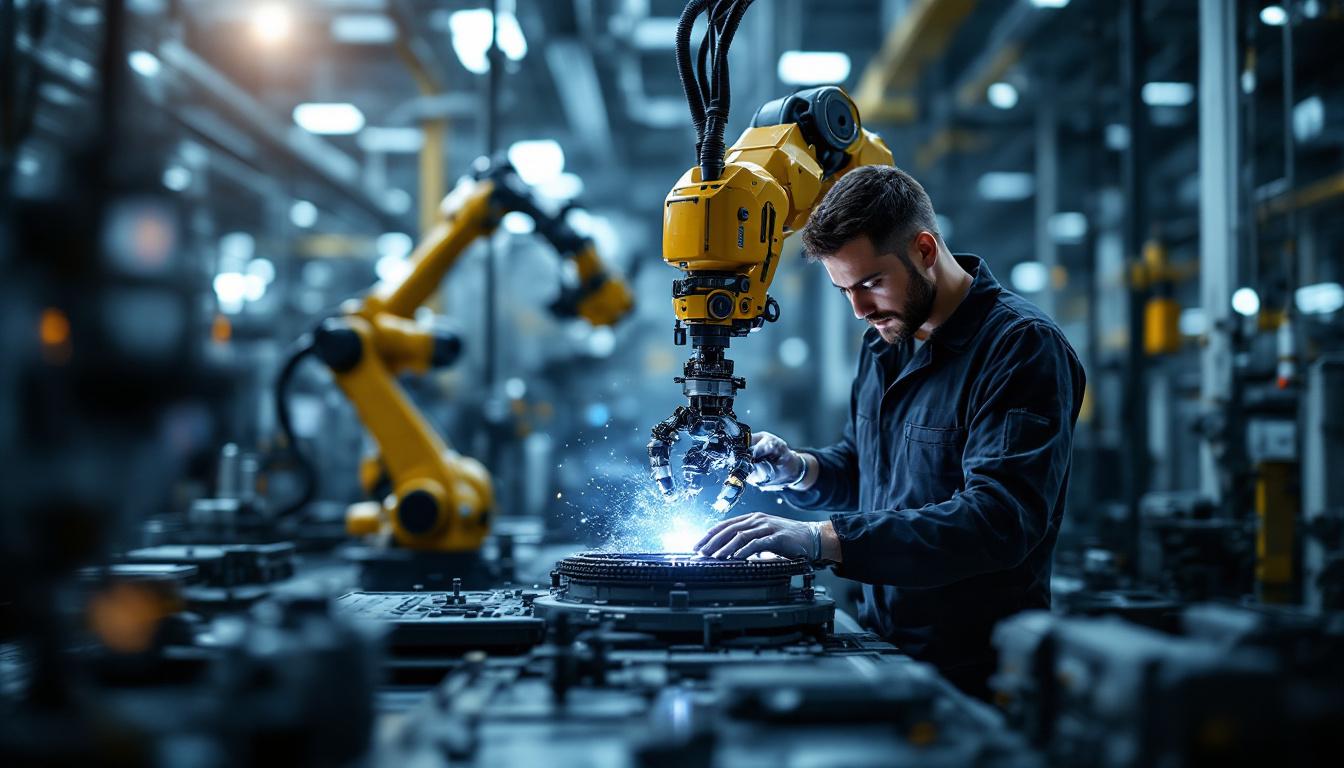 A photograph of a dynamic industrial robotics environment