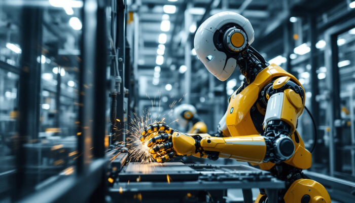 A photograph of a modern industrial robot in action within a manufacturing facility