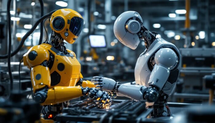 A photograph of a sleek industrial robot in action on a factory floor