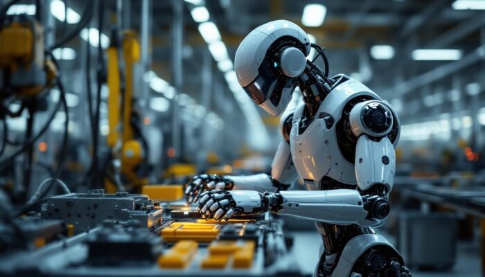 A photograph of a sleek industrial robot in action on a factory floor