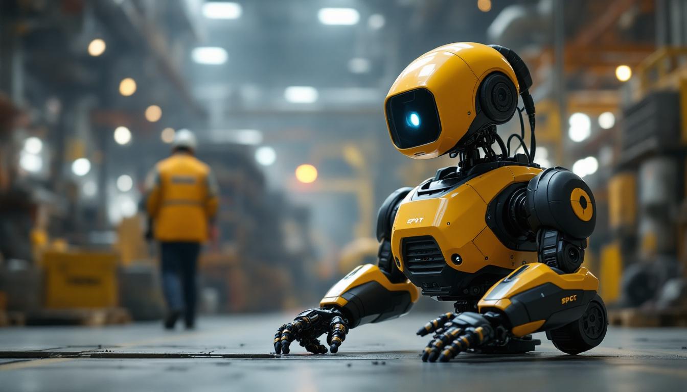 A photograph of a boston dynamics spot robot in an industrial setting