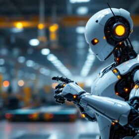A photograph of a sleek industrial robot in action