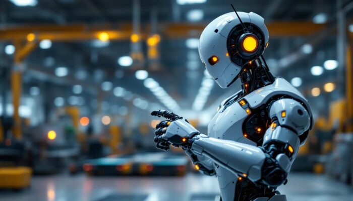 A photograph of a sleek industrial robot in action