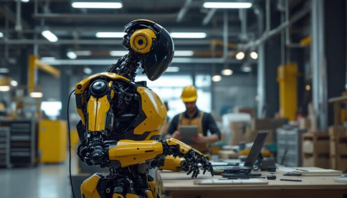 A photograph of a boston dynamics robot in action within an industrial setting