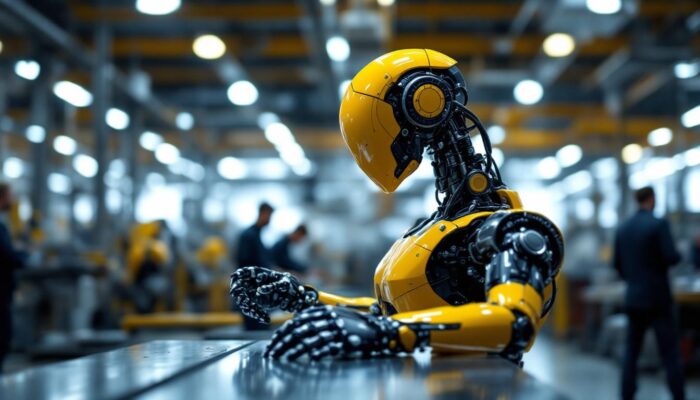 A photograph of a sleek industrial robot in action within a boston-based manufacturing facility
