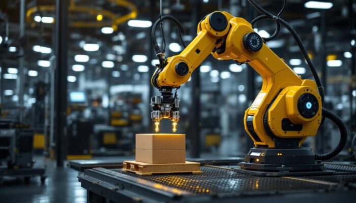 A photograph of a high-tech industrial robot in action