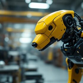 A photograph of capture a photograph of a boston dynamics robotic dog in an industrial setting
