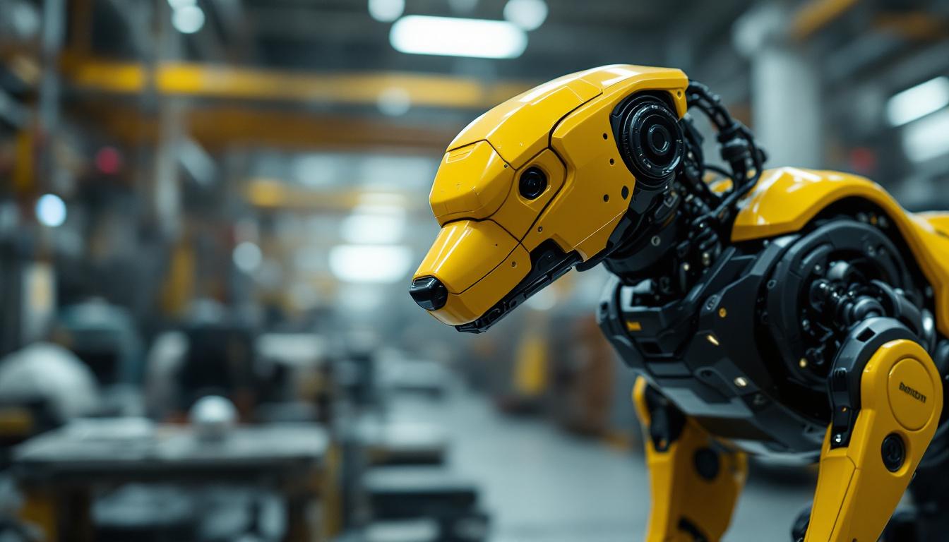 A photograph of capture a photograph of a boston dynamics robotic dog in an industrial setting