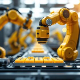 A photograph of a high-tech industrial robotic arm in action