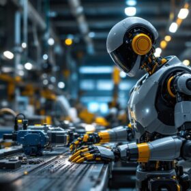 A photograph of a sleek industrial robot in action within a modern manufacturing environment