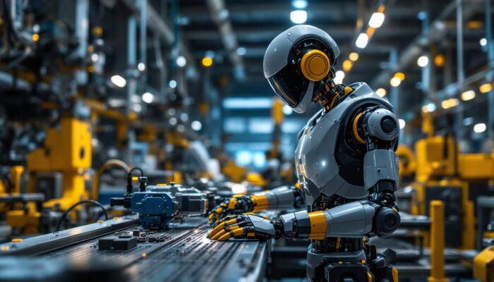 A photograph of a sleek industrial robot in action within a modern manufacturing environment