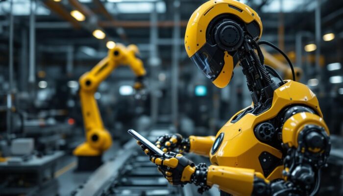 A photograph of a modern industrial robot in action within a manufacturing environment