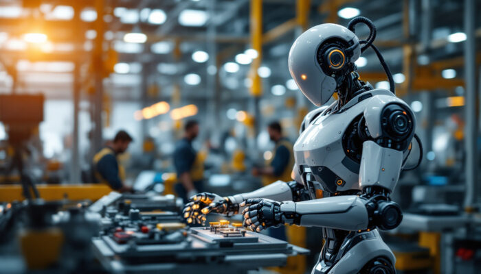 A photograph of a sleek industrial robot in action within a modern manufacturing facility