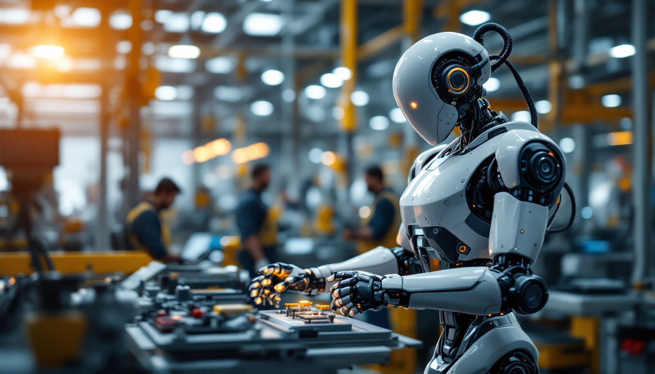 A photograph of a sleek industrial robot in action within a modern manufacturing facility