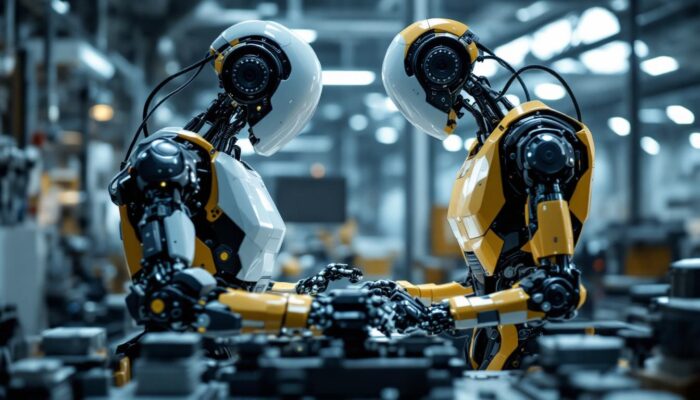A photograph of a modern industrial robot in action within a manufacturing setting
