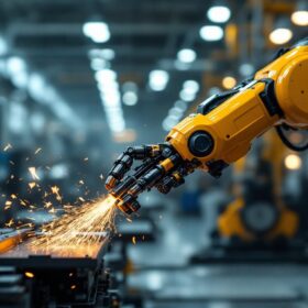 A photograph of a sleek industrial robot in action