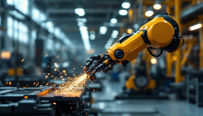 A photograph of a sleek industrial robot in action