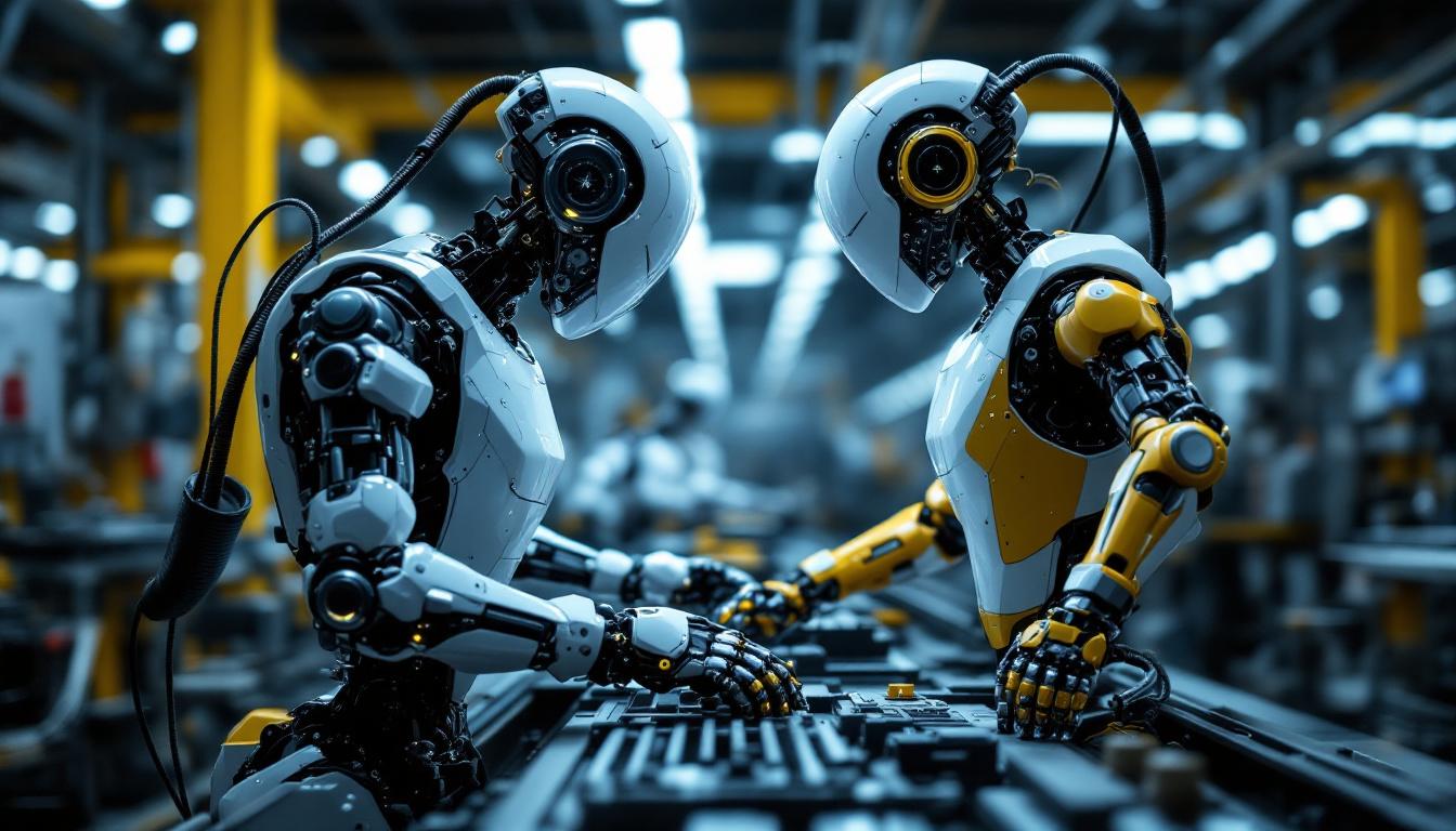 A photograph of a sleek industrial robot in action on a factory floor
