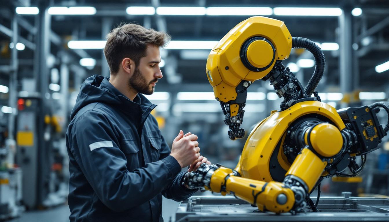 A photograph of a skilled technician collaborating with an industrial robot in a modern manufacturing setting