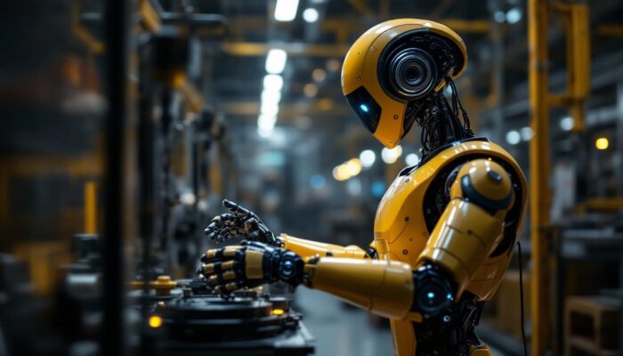 A photograph of a humanoid industrial robot in action within a manufacturing environment