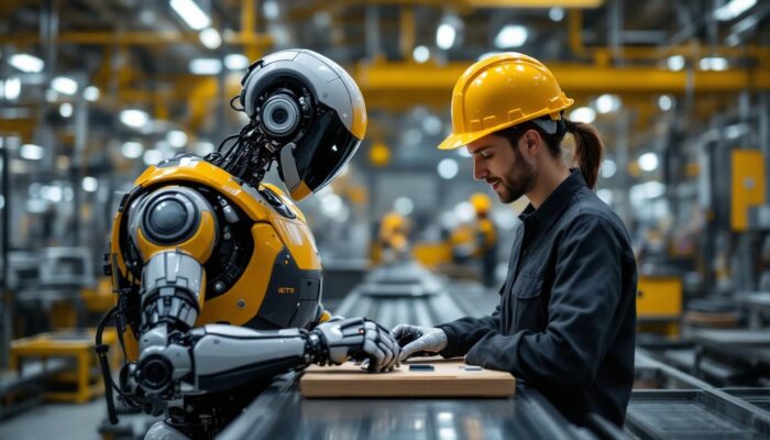 A photograph of a collaborative scene featuring a humanoid robot and a human worker engaged in a task together on an industrial production line