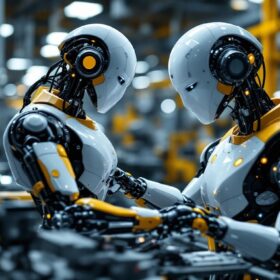 A photograph of a sleek industrial robot in action on a factory floor