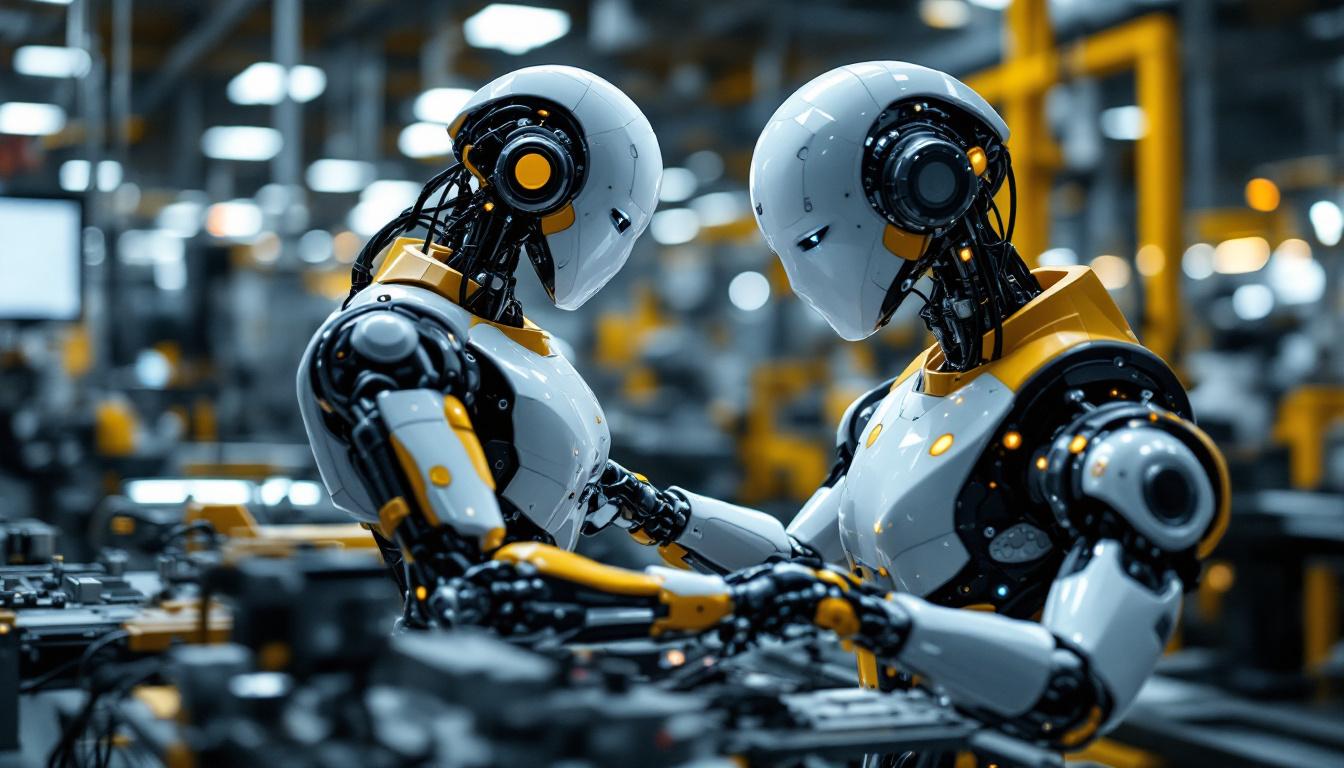 A photograph of a sleek industrial robot in action on a factory floor