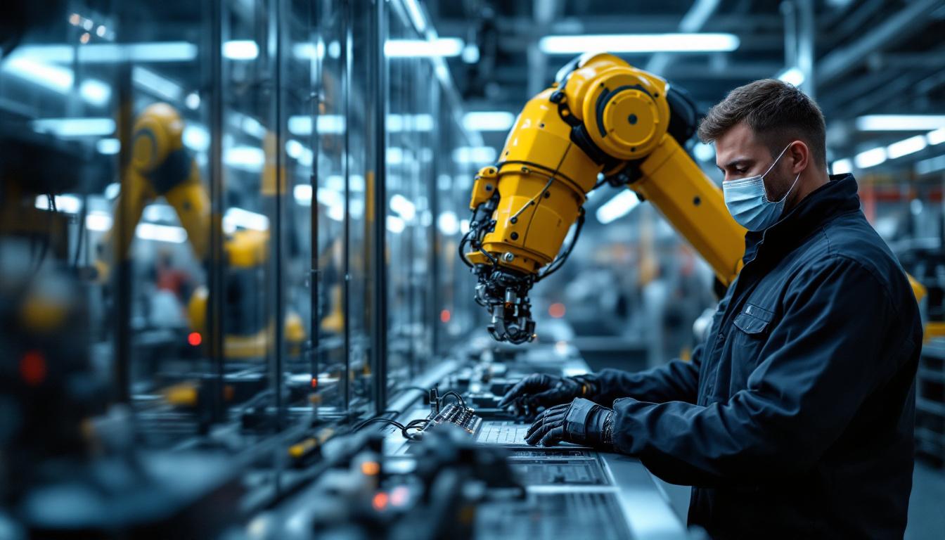 A photograph of a skilled technician programming an industrial robot in a modern manufacturing facility