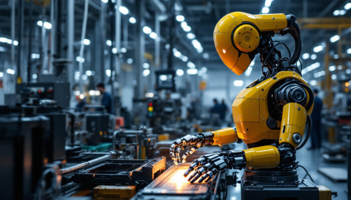 A photograph of a sleek industrial robot in action within a manufacturing setting