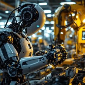 A photograph of a sleek industrial robot in action within a modern manufacturing environment