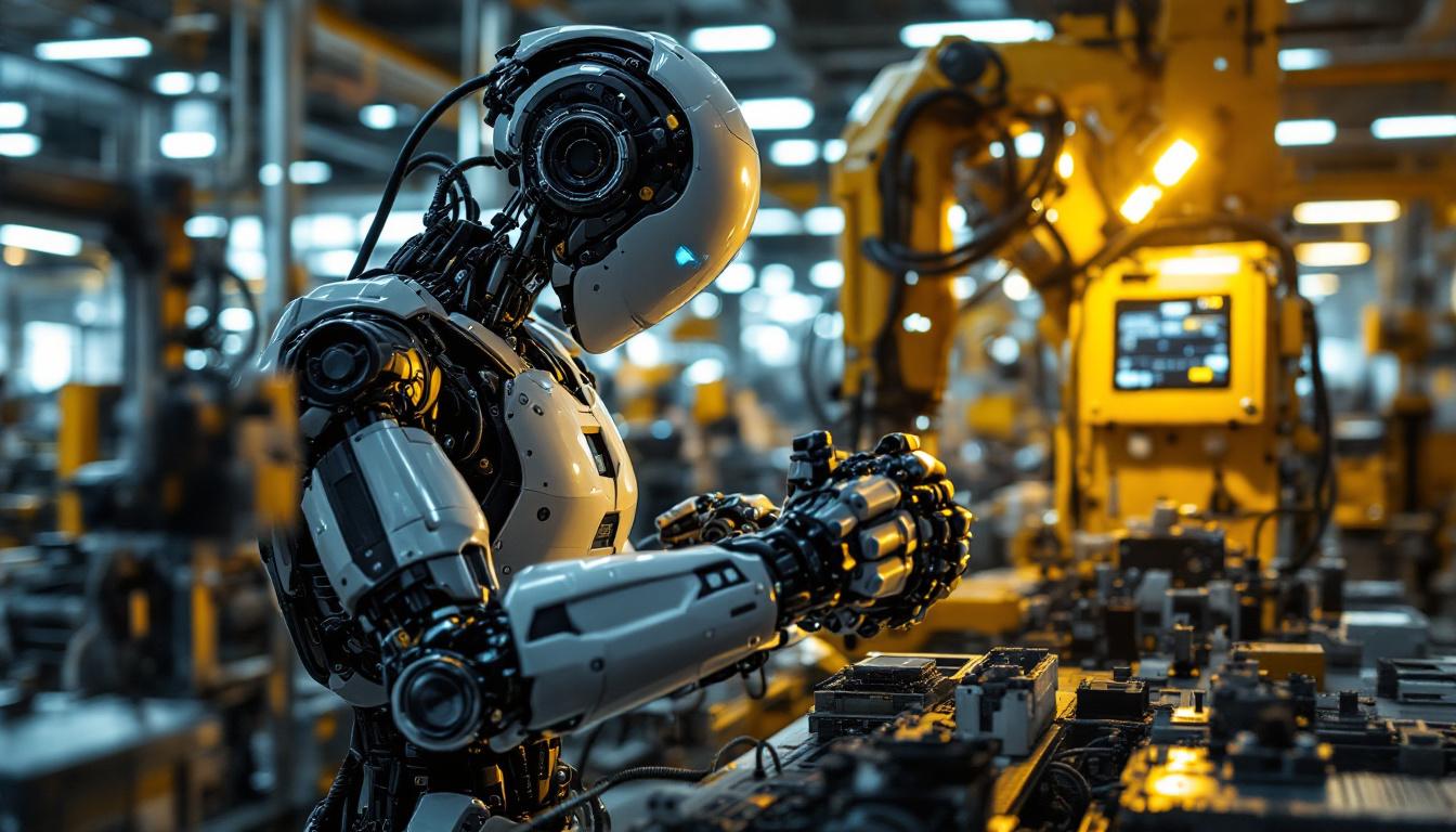 A photograph of a sleek industrial robot in action within a modern manufacturing environment