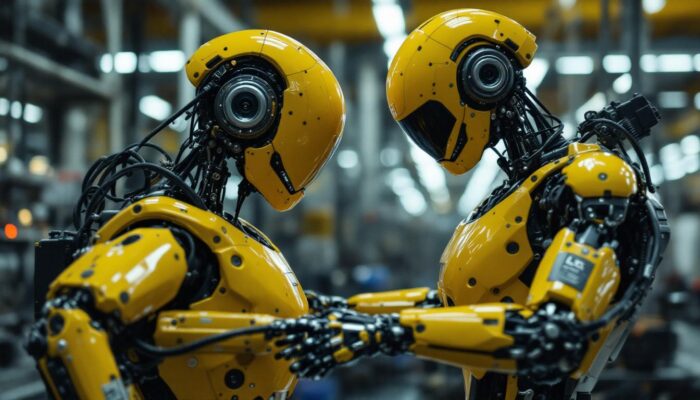 A photograph of capture a photograph of a humanoid cyborg in an industrial setting