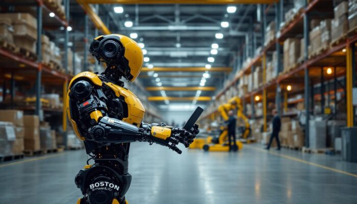 A photograph of a boston dynamics industrial robot in action within a dynamic warehouse setting